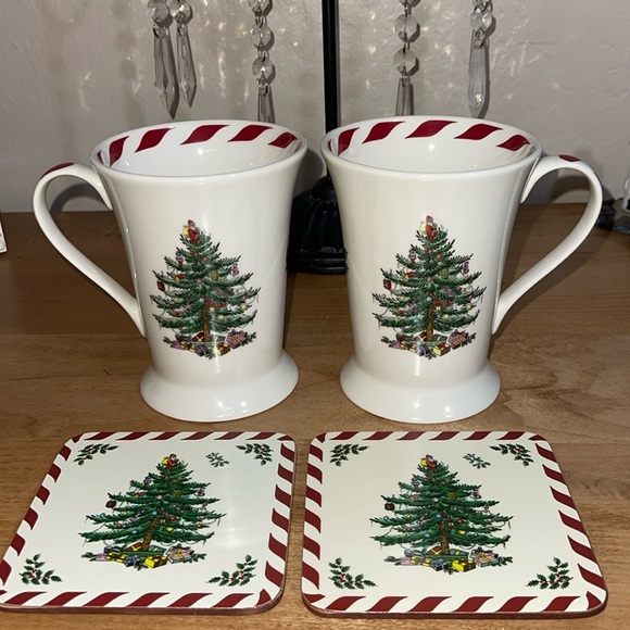 SPODE NWOB “Christmas Tree” Coffee, Tea or Hot Cocoa Set of 2 Mugs & 2 Coasters. - Picture 1 of 10